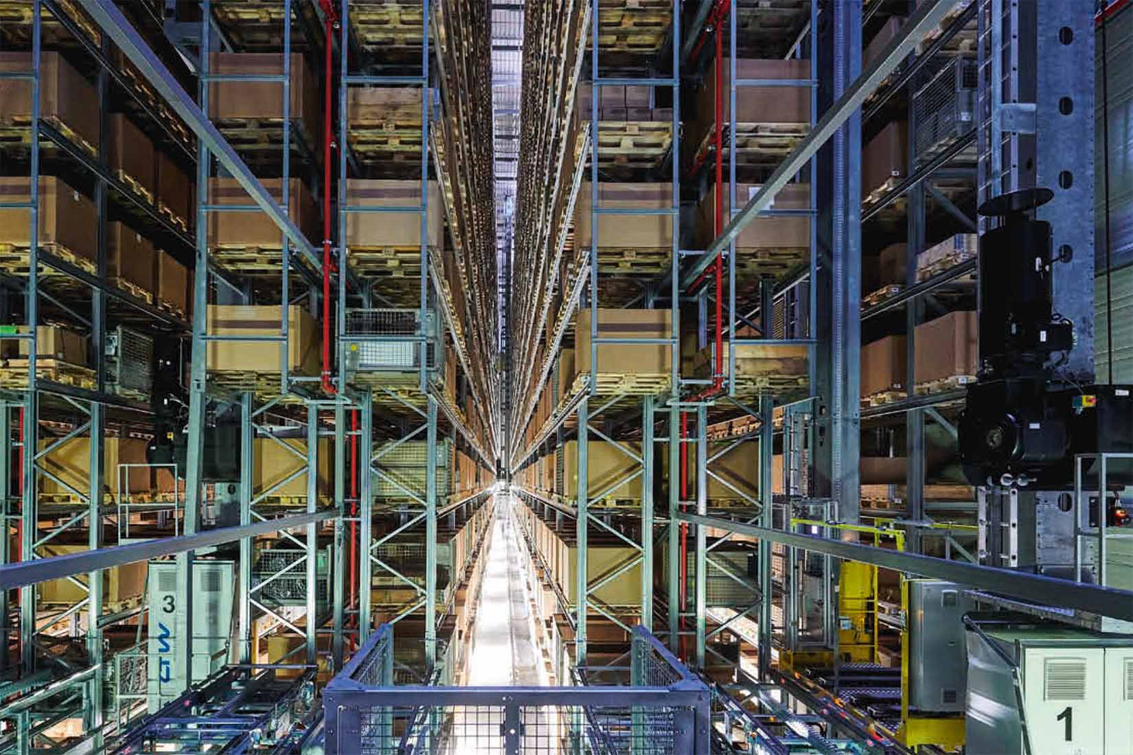 A glimpse down the aisle of a towering high-bay warehouse