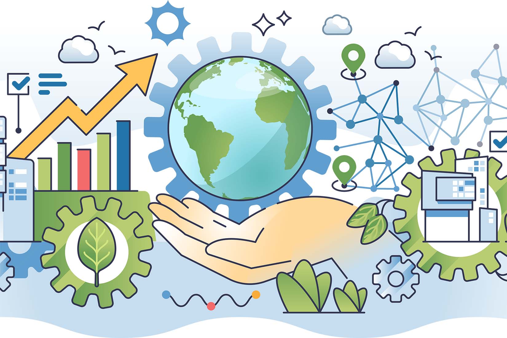 Illustration of a hand supporting the globe, with rising graphs and eco-friendly elements, representing innovation and environmental care.