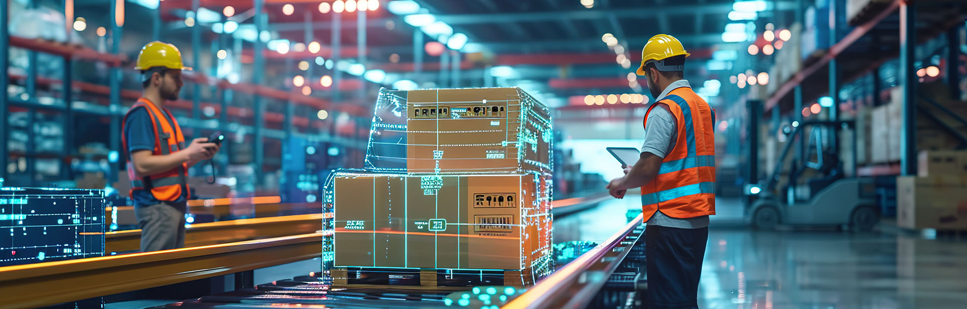 In a warehouse, two workers in safety gear analyze digital data on packages, showcasing modern logistics technology.