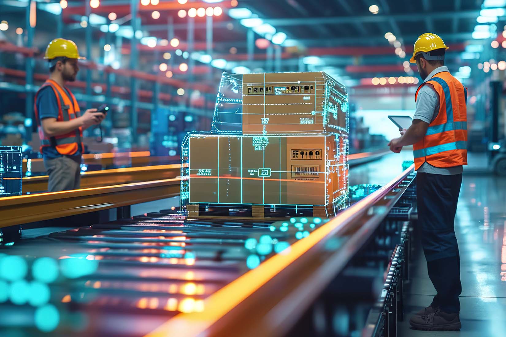 In a warehouse, two workers in safety gear analyze digital data on packages, showcasing modern logistics technology.