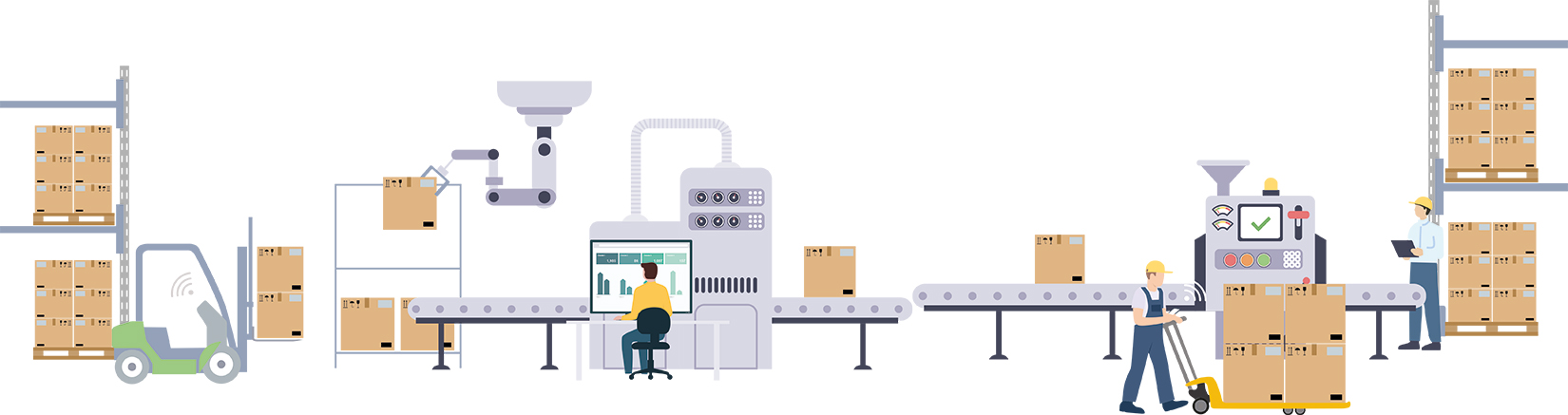 A conveyor system transports boxes while staff members utilize computers and forklifts, emphasizing productivity in logistics.