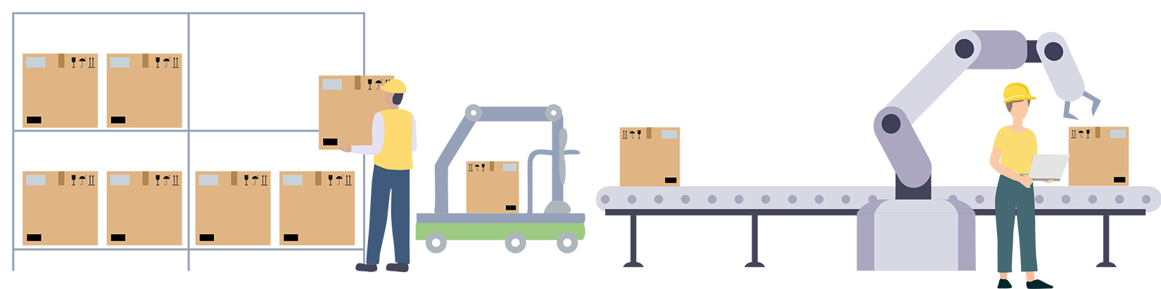 A logistics environment showcasing a worker and a robot collaborating to manage packages on shelves and a conveyor.