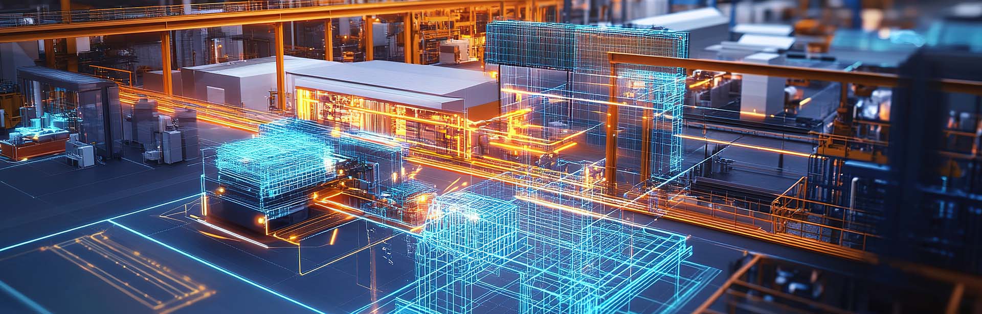 A futuristic industrial scene featuring glowing blue and orange wireframe structures amidst a high-tech factory environment.