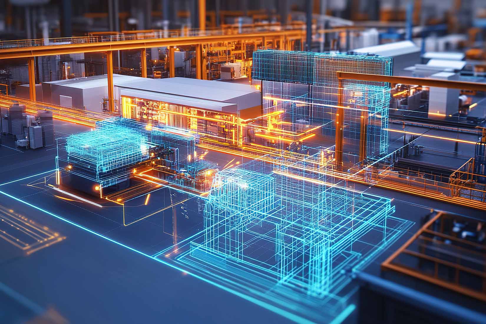 A futuristic industrial scene featuring glowing blue and orange wireframe structures amidst a high-tech factory environment.