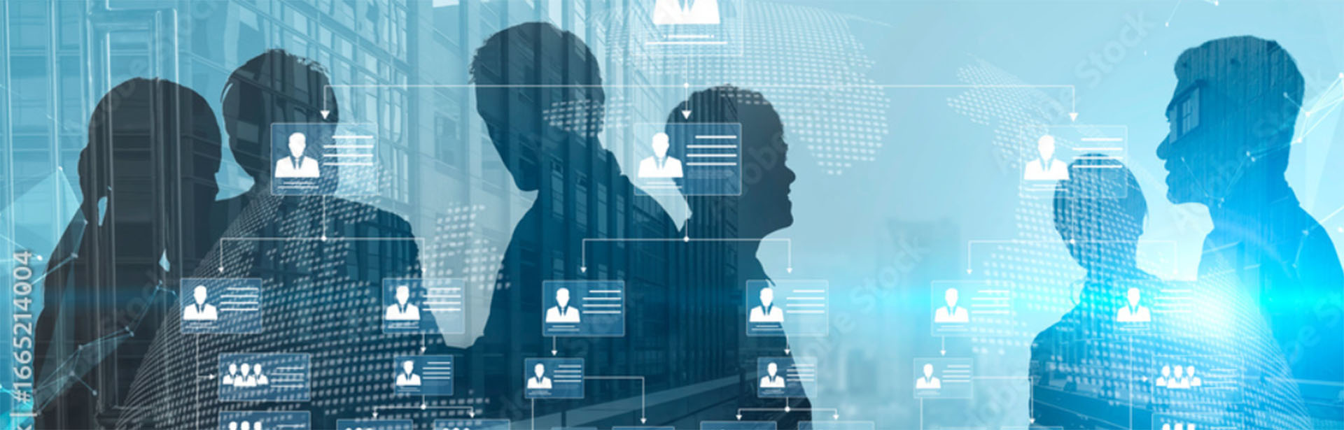Silhouettes of people engaged in conversation, layered over a digital network graphic, suggesting collaboration and connection.