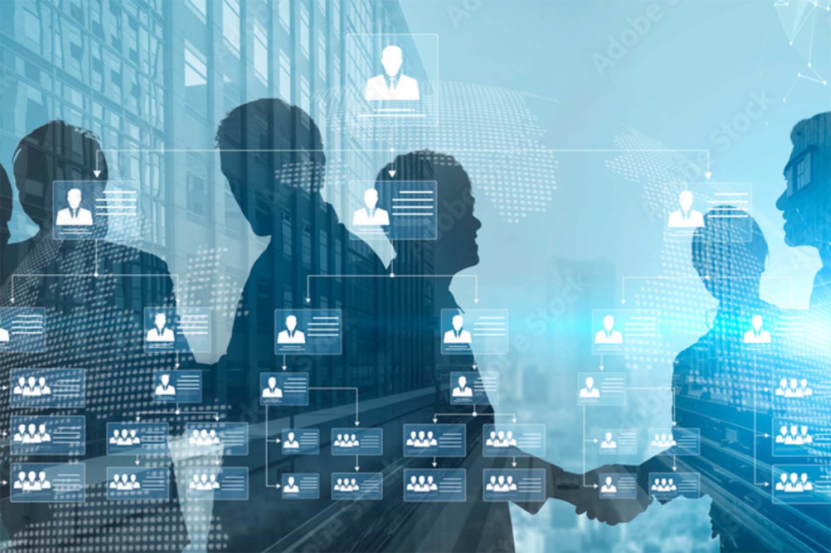 Silhouettes of people engaged in conversation, layered over a digital network graphic, suggesting collaboration and connection.
