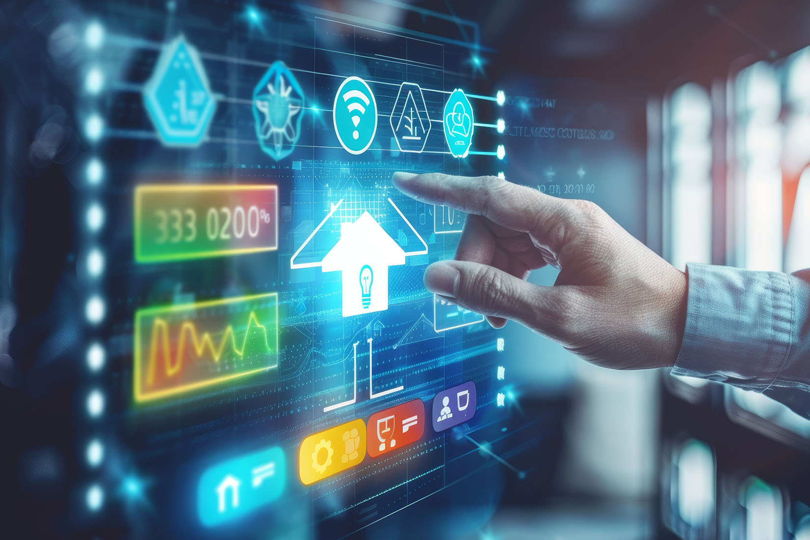 The image features a person’s hand pointing at a glowing smart home icon on a high-tech digital display filled with data.