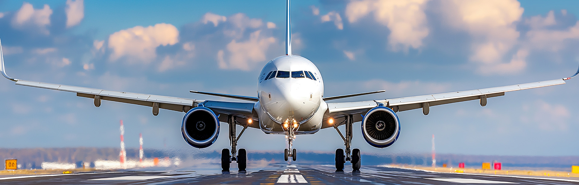 The front view of a jet aircraft on the runway, showcasing its engines and landing gear against a vibrant sky filled with clouds.