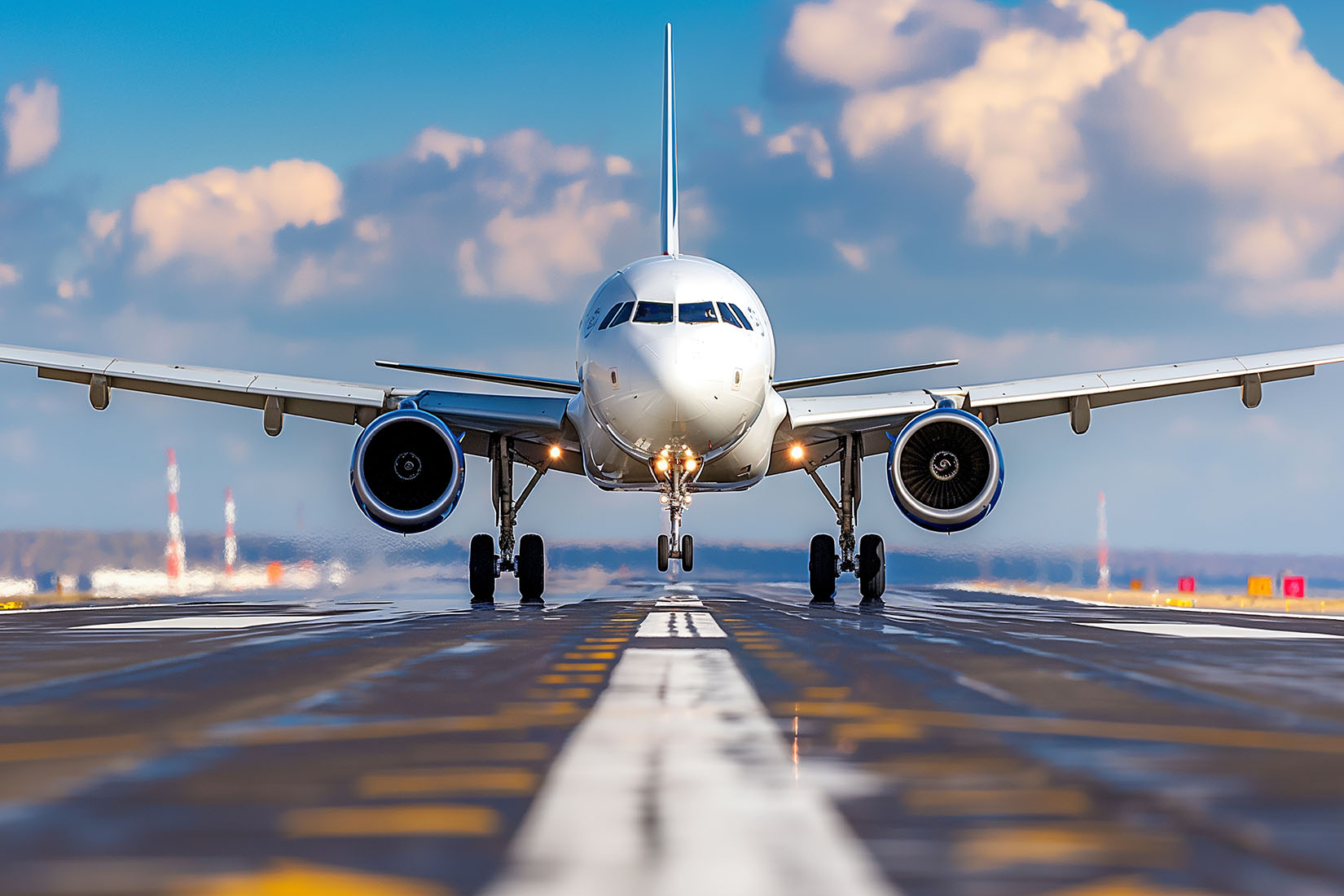 The front view of a jet aircraft on the runway, showcasing its engines and landing gear against a vibrant sky filled with clouds.