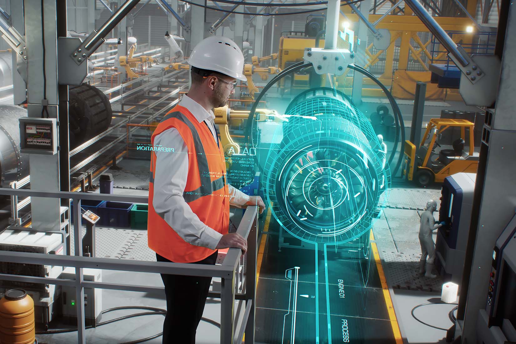 Inside a modern factory, an engineer interacts with a digital interface showcasing turbine data and preparation details.