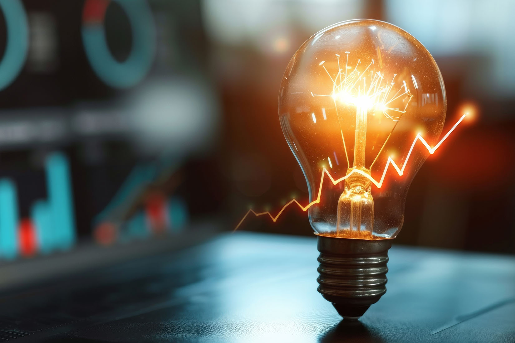 An illuminated light bulb with a glowing filament stands prominently, representing ideas and growth amidst analytical graphs.