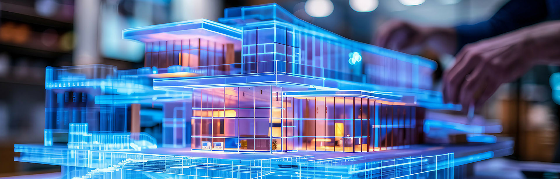 Das Bild zeigt ein komplexes Architekturmodell mit leuchtenden Elementen, das die moderne Baukunst und Technik vereint.