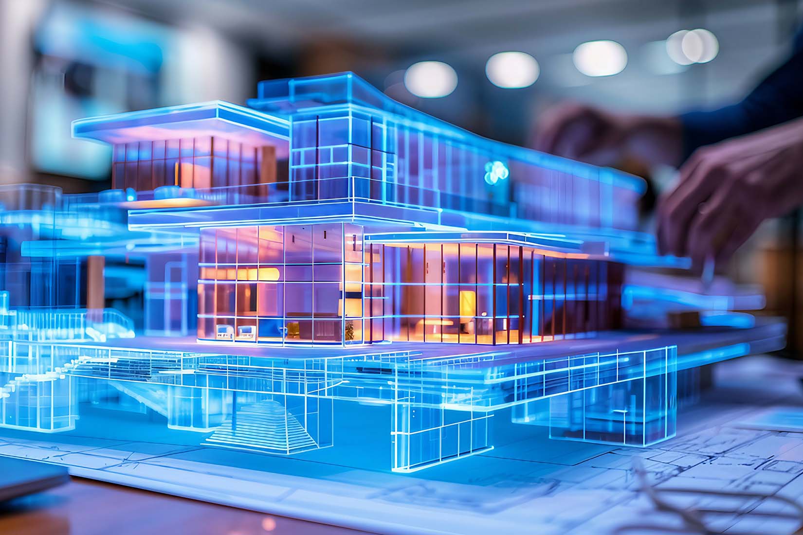 A close-up of a 3D building model, featuring glowing edges and warm lighting, as a person interacts with it, showcasing creativity.