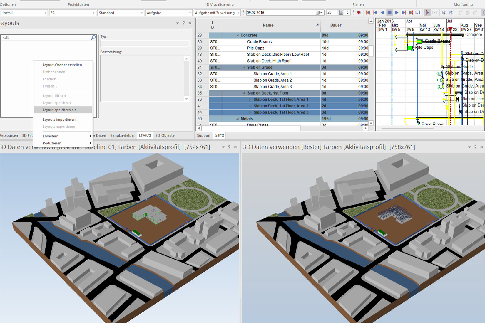 Das Bild zeigt eine Software-Oberfläche mit Projektinformationen und einer detaillierten 3D-Darstellung eines Bauprojekts.