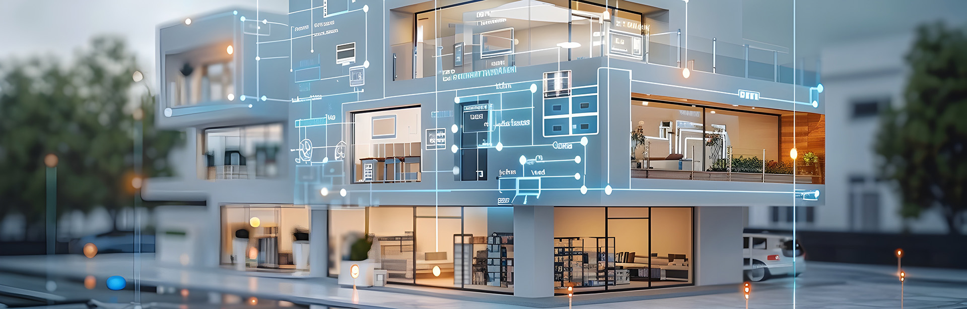 A futuristic building design is highlighted with digital graphics, illustrating interior layouts and modern furnishings through glass walls.