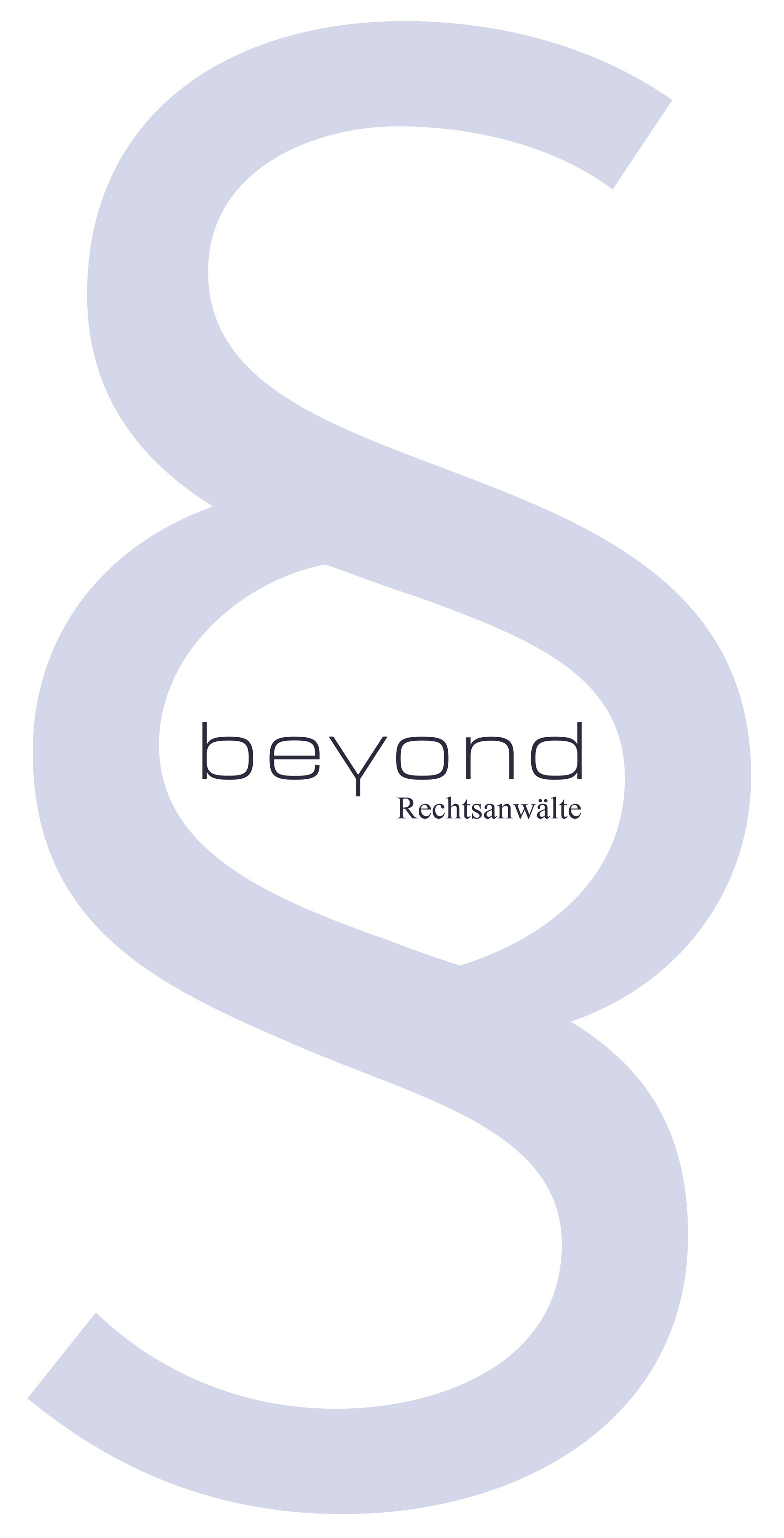 A stylized ampersand symbol in light blue, featuring the word 'beyond' and 'Rechtsanwälte' in elegant black font.