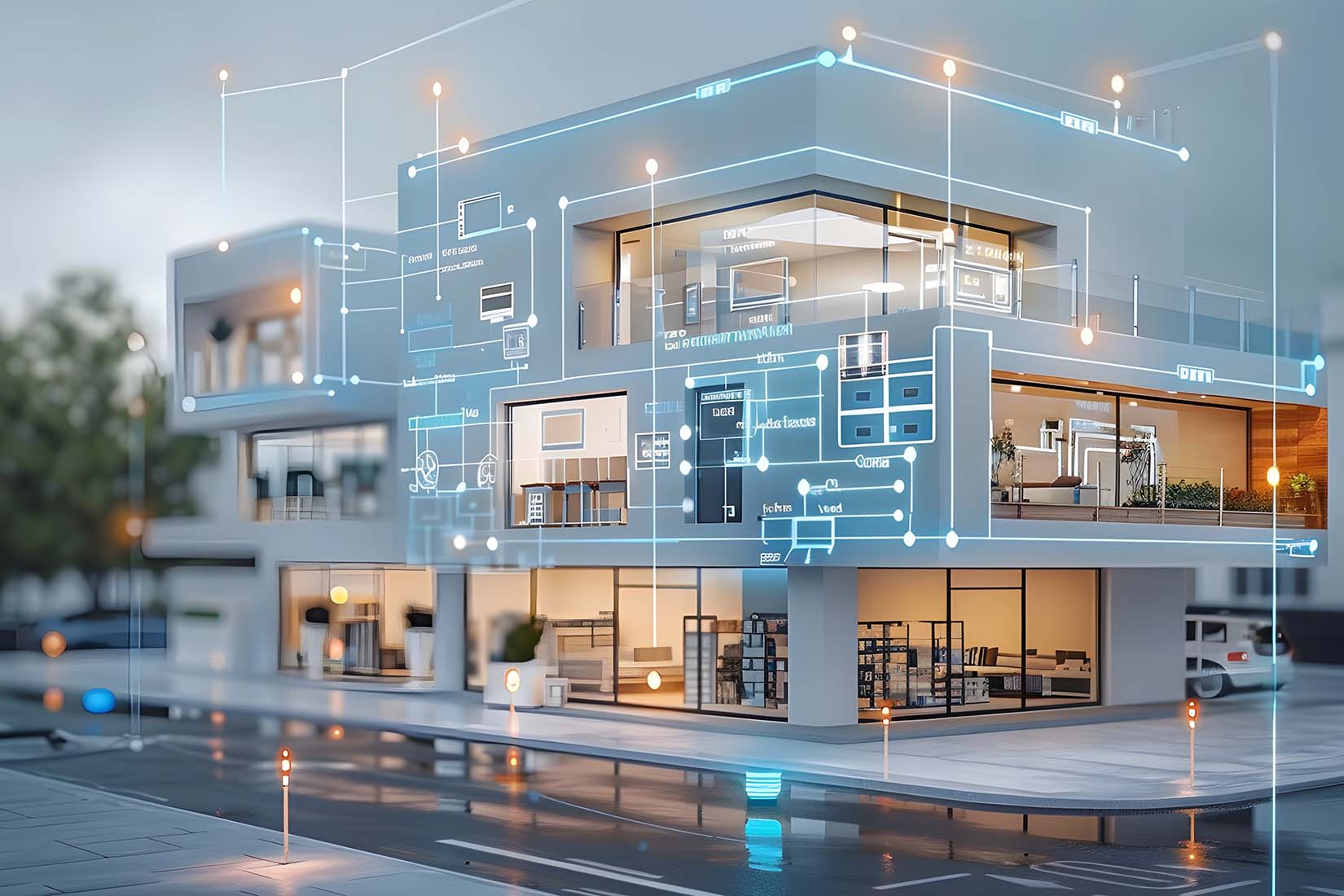A futuristic building design is highlighted with digital graphics, illustrating interior layouts and modern furnishings through glass walls.