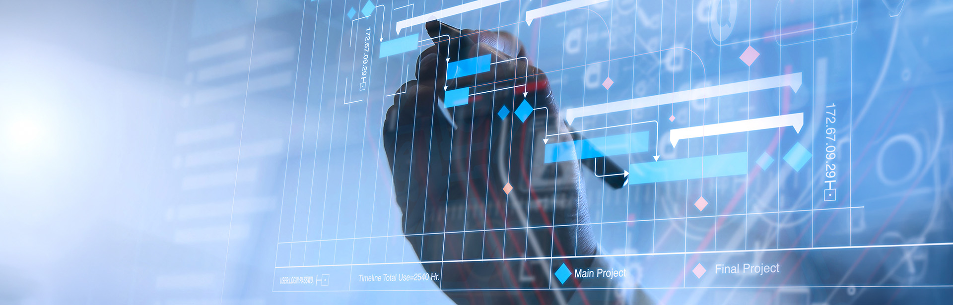 Ein Benutzer interagiert mit einer digitalen Projektübersicht, die visuelle Daten und Statistiken enthält.