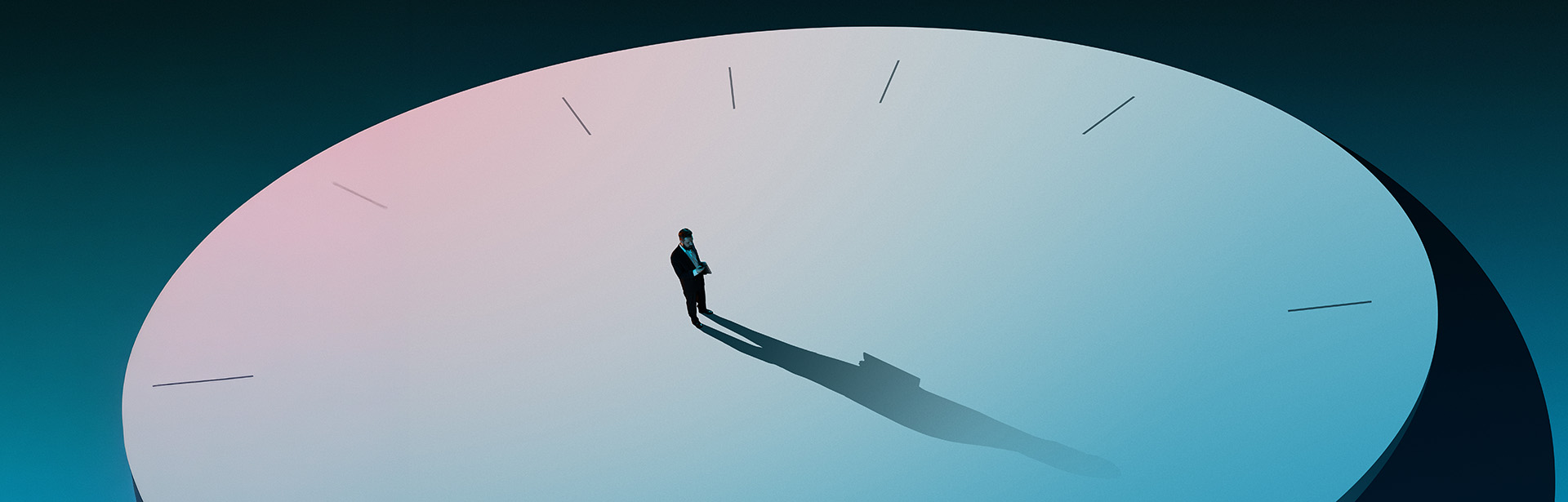 Auf einem minimalistischen Zifferblatt steht eine Figur und betrachtet die Zeit, umgeben von klaren Linien und einer ruhigen Farbtongebung.