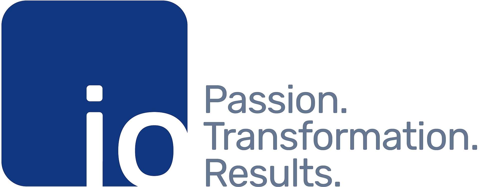 io-Logo mit Claim: Passion. Transformation. Results.