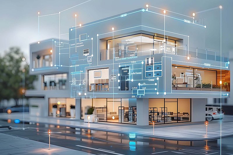 Das Bild zeigt ein futuristisches Wohnhaus mit großen Fenstern, das von digitalen Elementen und Pflanzen umgeben ist.