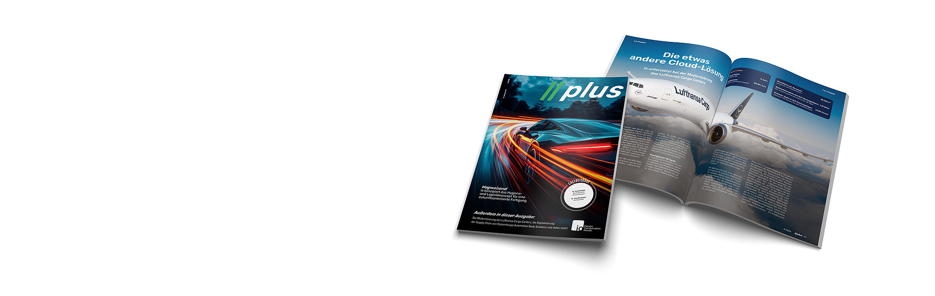 The image depicts the customer magazine closed and opened to an inside spread.