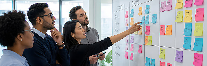 Eine Gruppe von vier Personen analysiert ein Projektboard mit bunten Haftnotizen, während sie sich angeregt unterhalten.