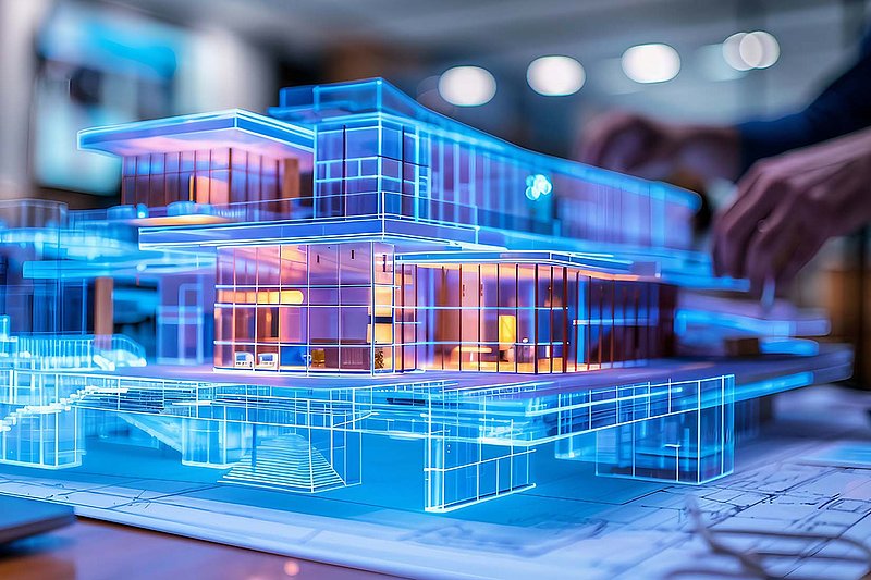 Das Bild zeigt ein komplexes Architekturmodell mit leuchtenden Elementen, das die moderne Baukunst und Technik vereint.