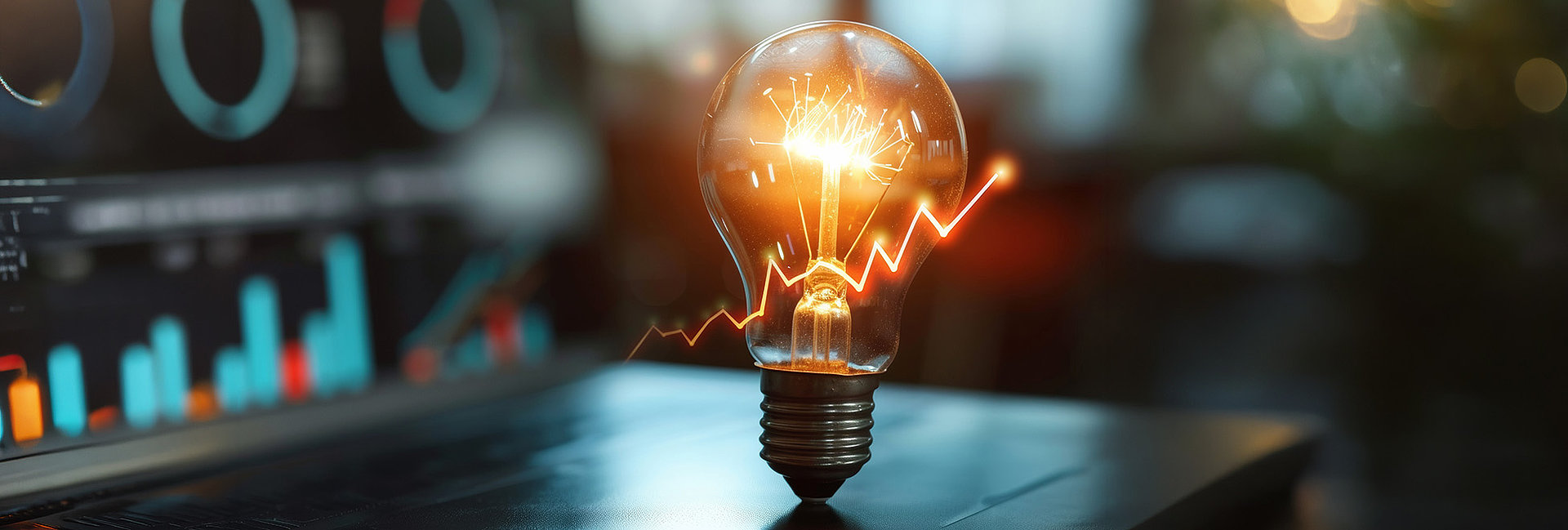 An illuminated light bulb with a glowing filament stands prominently, representing ideas and growth amidst analytical graphs.