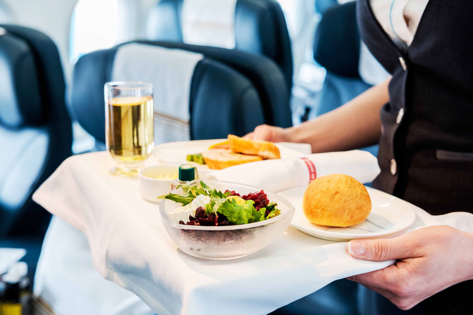 Flight attendant serves food on a tray 